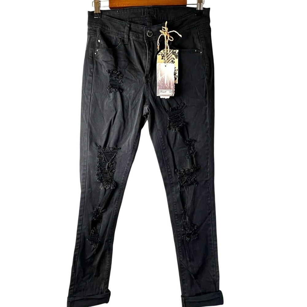 Hart Denim Womens Distressed Skinny Jeans Black Shredded 12478 Size 25 NWT